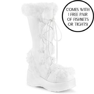 Demonia Cubby 311 White Vegan Leather Mid Calf Boot with Faux Fur